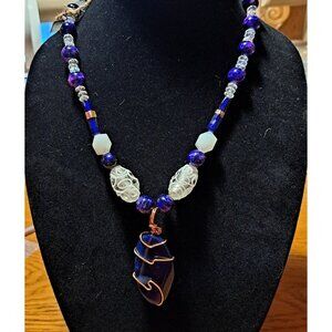 Handmade blue and white glass and agate necklace copper wire wrapped